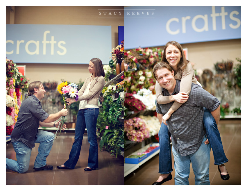 engagement session of Lisa Kirk and Grant Speer in Wal-Mart by University Park wedding photographer Stacy Reeves